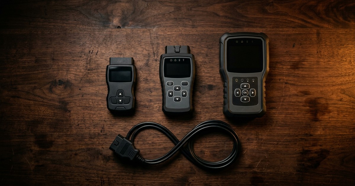 A Bluetooth OBD2 scanner plugged into a car's diagnostic port under the dashboard with a smartphone displaying live engine data