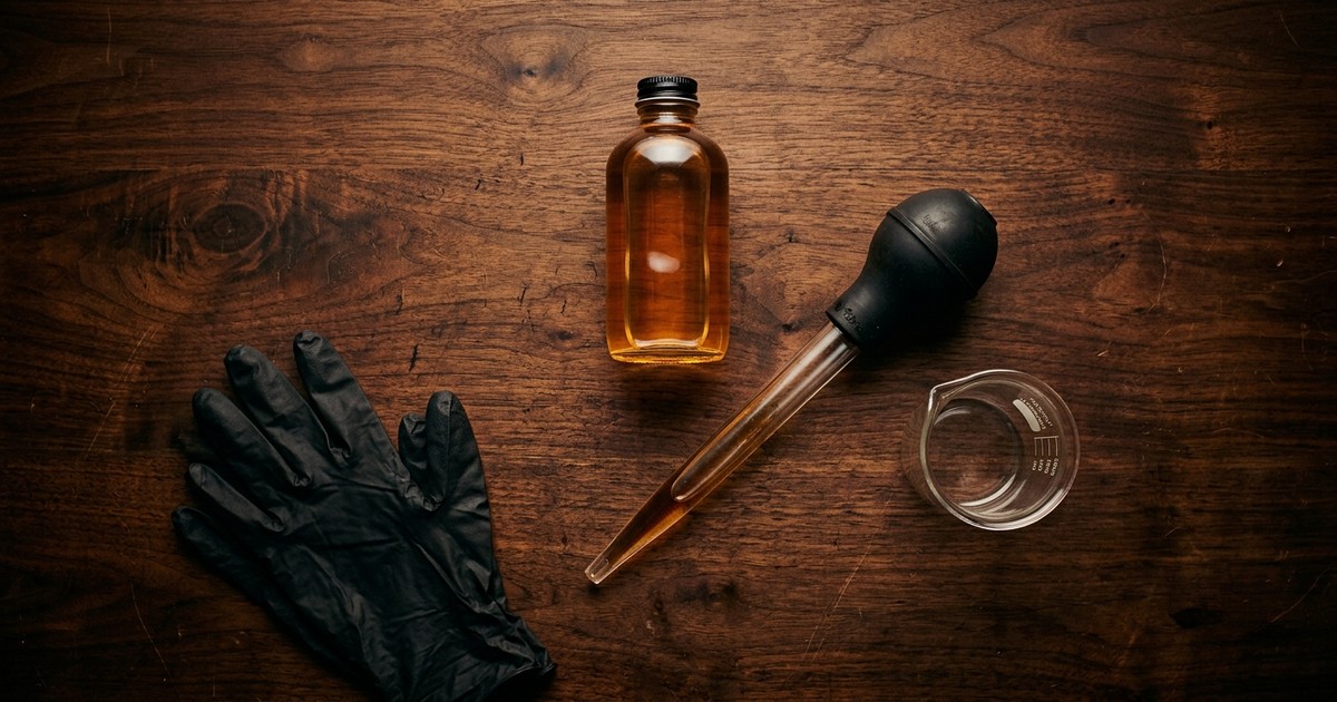 Mechanic bleeding brake fluid from a caliper with a clear hose into a catch bottle during a brake fluid flush