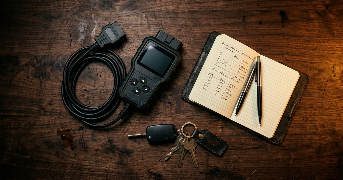 Mechanic using a professional diagnostic scan tool plugged into a car's OBD-II port with live engine data on screen