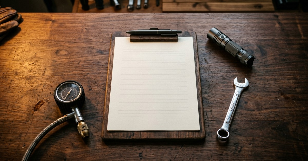 Clipboard with a 30-point car maintenance checklist on the hood of a car in a garage
