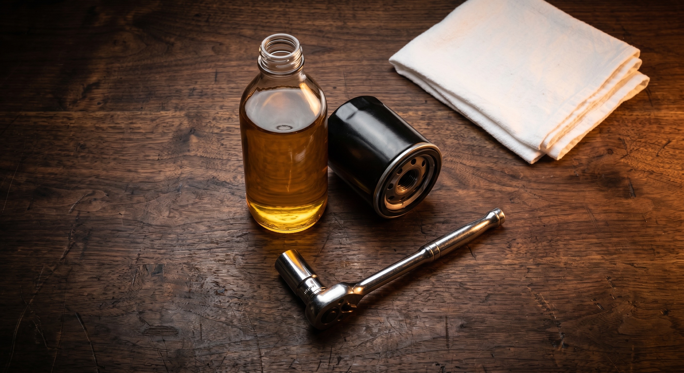 Close-up of clean amber synthetic motor oil being poured into an engine during an oil change