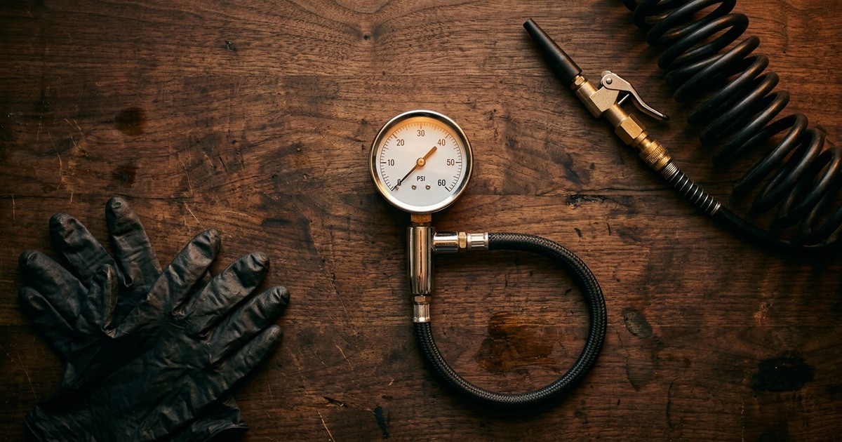 Hand pressing a digital tire pressure gauge onto a valve stem with the driver's door jamb sticker visible in the background