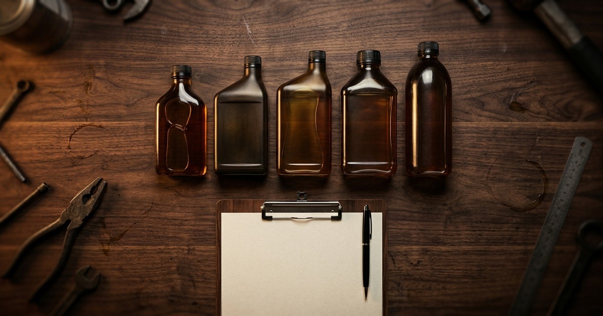 Quart bottles of motor oil and spin-on oil filters arranged on a workbench next to printed owner's manual pages