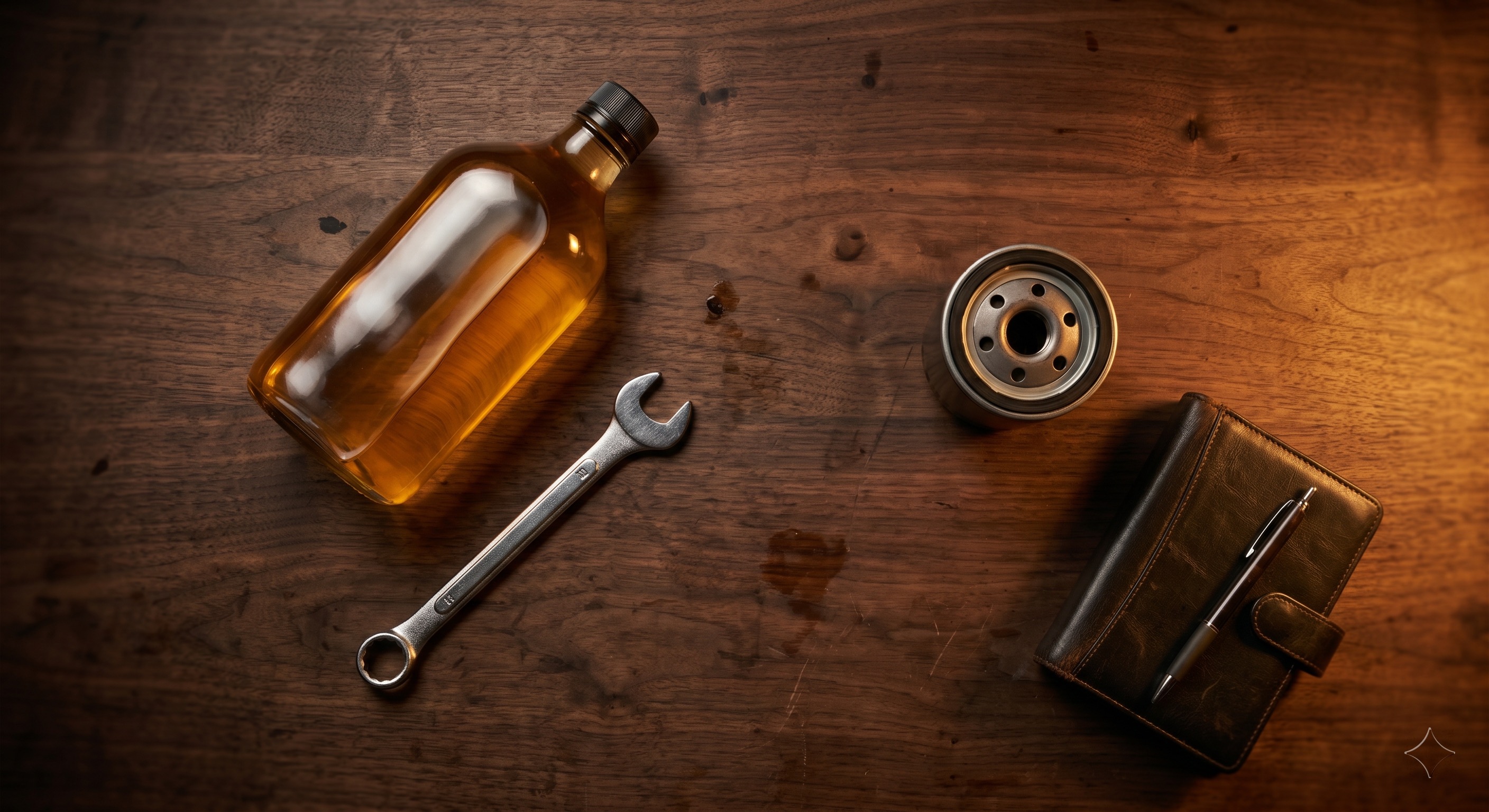 Amber bottle of motor oil, open-end wrench, spin-on oil filter, and leather-bound maintenance log on a dark walnut workbench