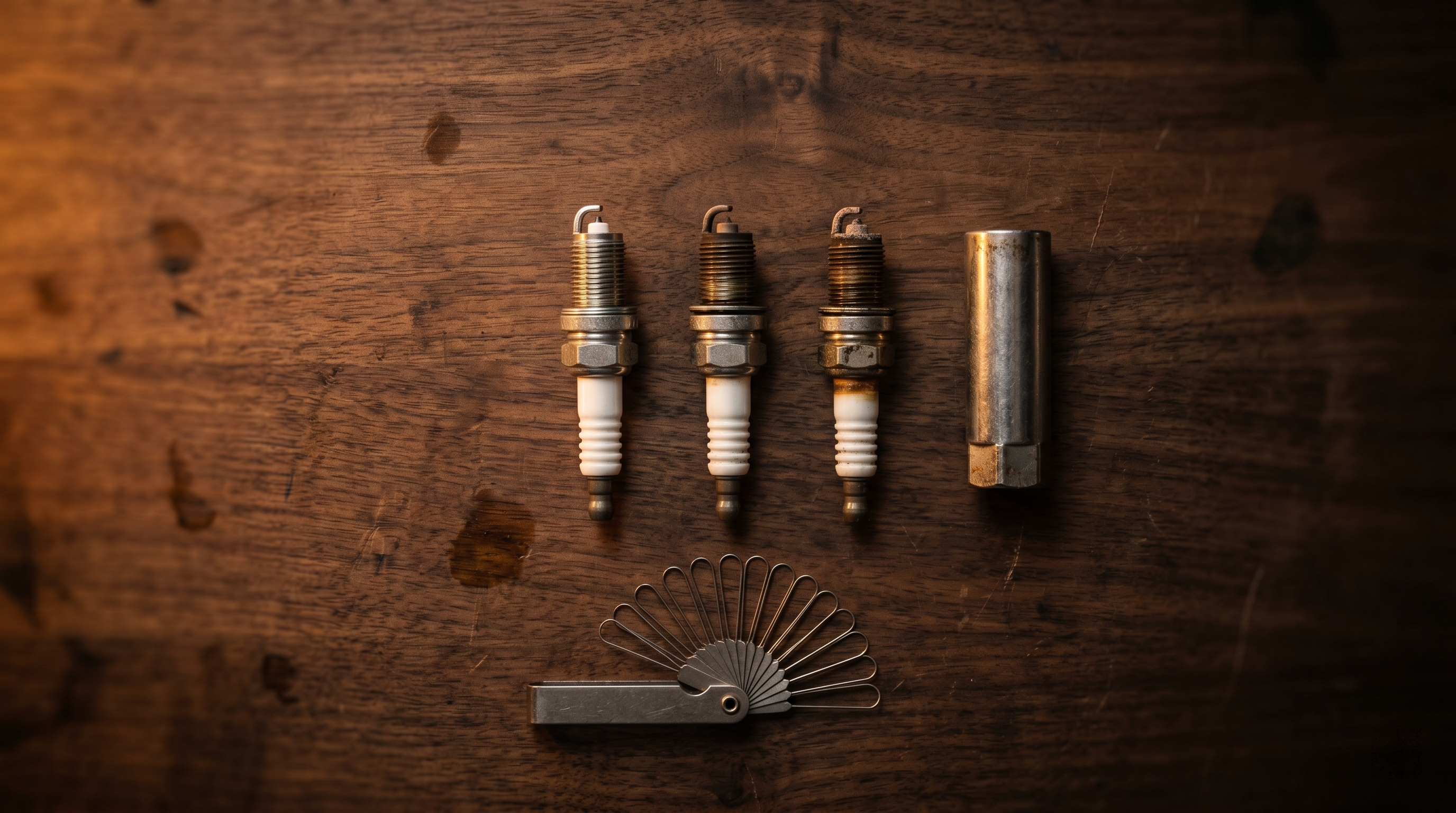 New iridium spark plug next to a worn spark plug removed from a car engine