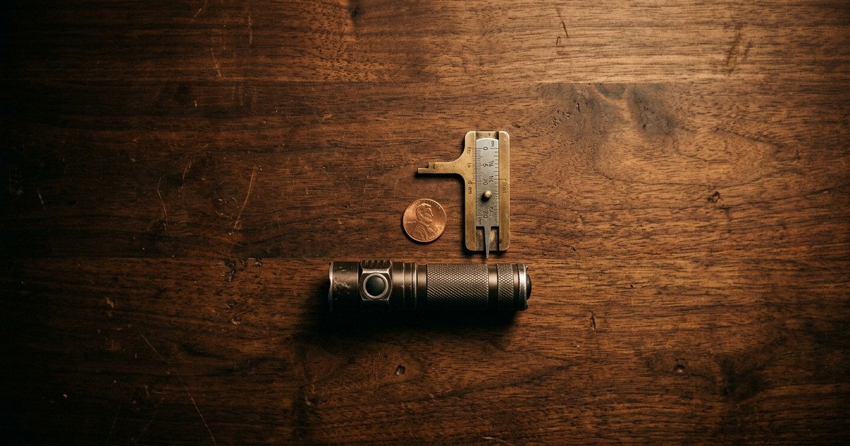 Worn tire with shallow tread next to a tread depth gauge and a penny showing Lincoln's head exposed, on a dark walnut workbench